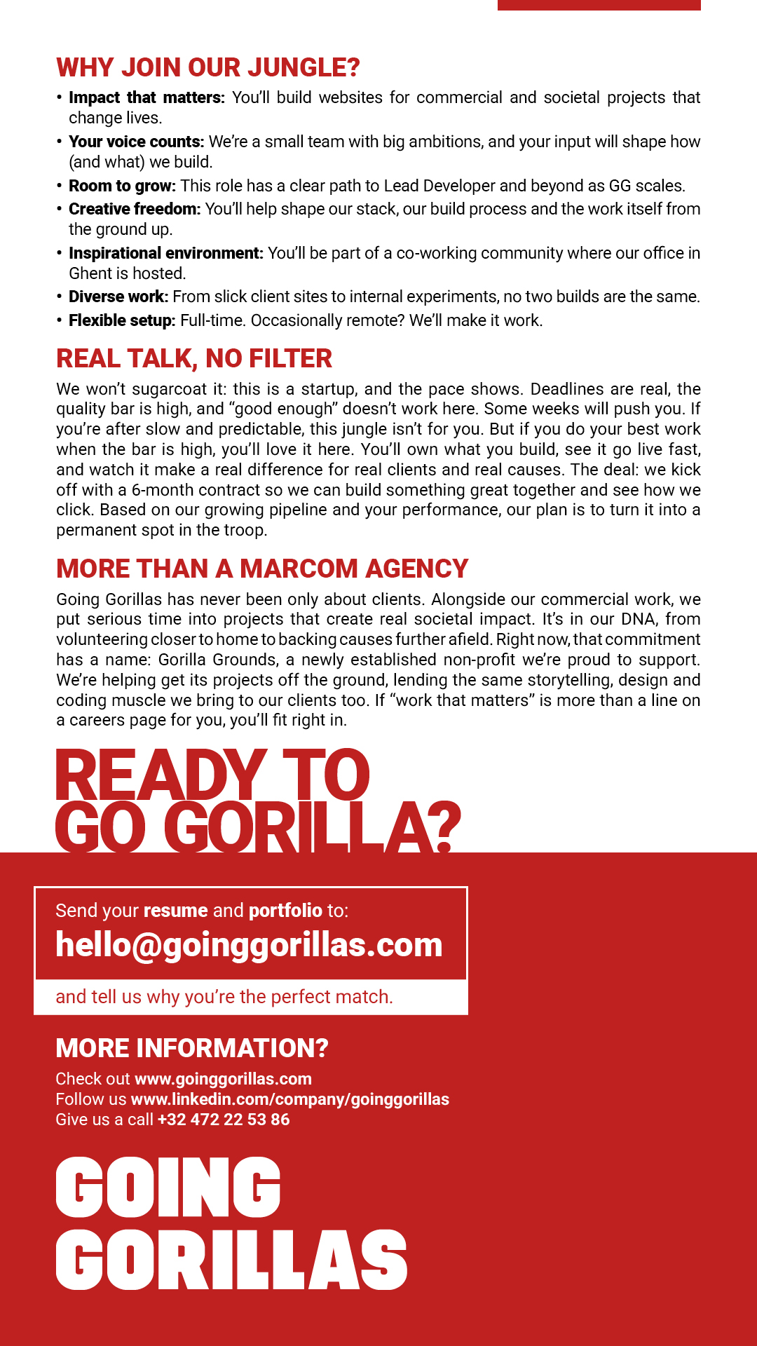 going-gorillas-front-end-developer-benefits-apply Job posting page titled "Why Join Our Jungle" outlining role benefits, plus application instructions and contact details for Going Gorillas. Front-end developer benefits and how to apply at Going Gorillas.