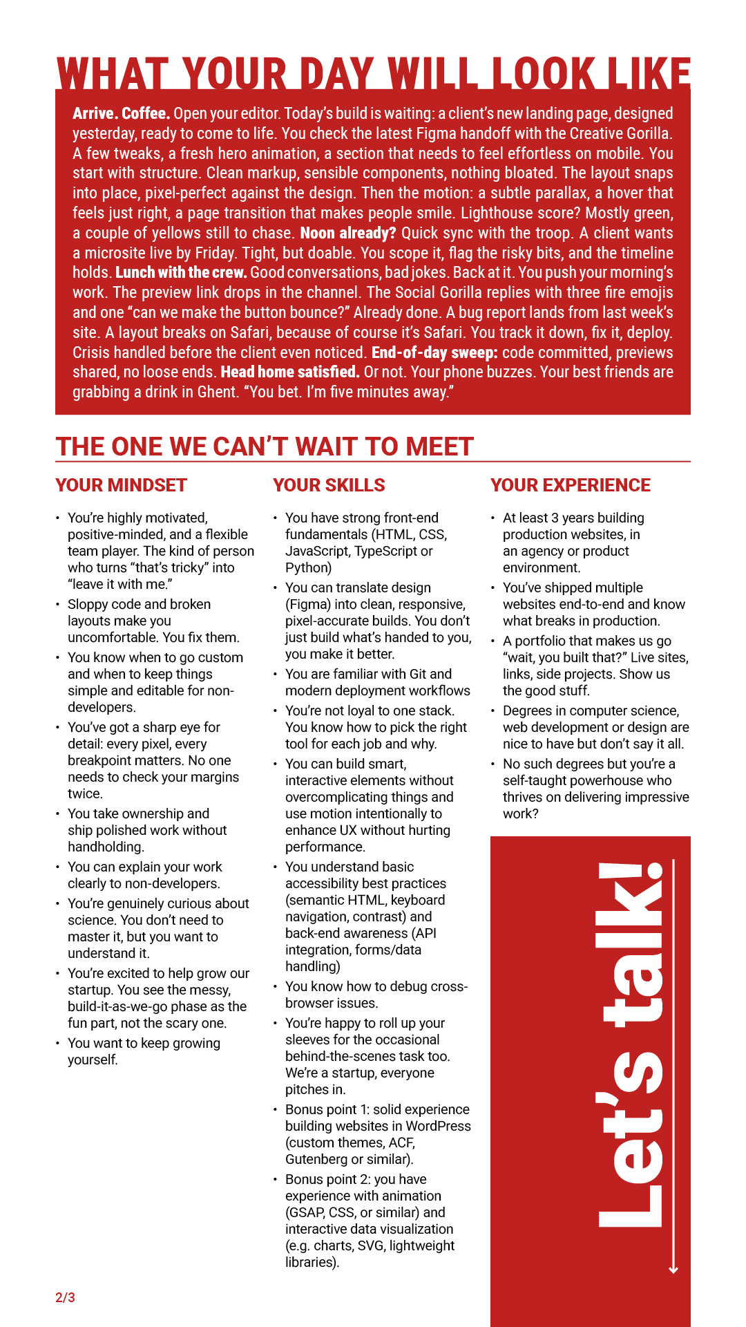 going-gorillas-front-end-developer-job-requirements Job posting page describing a typical workday and listing candidate requirements under Your Mindset, Your Skills, and Your Experience for a Front-End Developer role. Front-end developer job requirements and daily responsibilities at Going Gorillas.