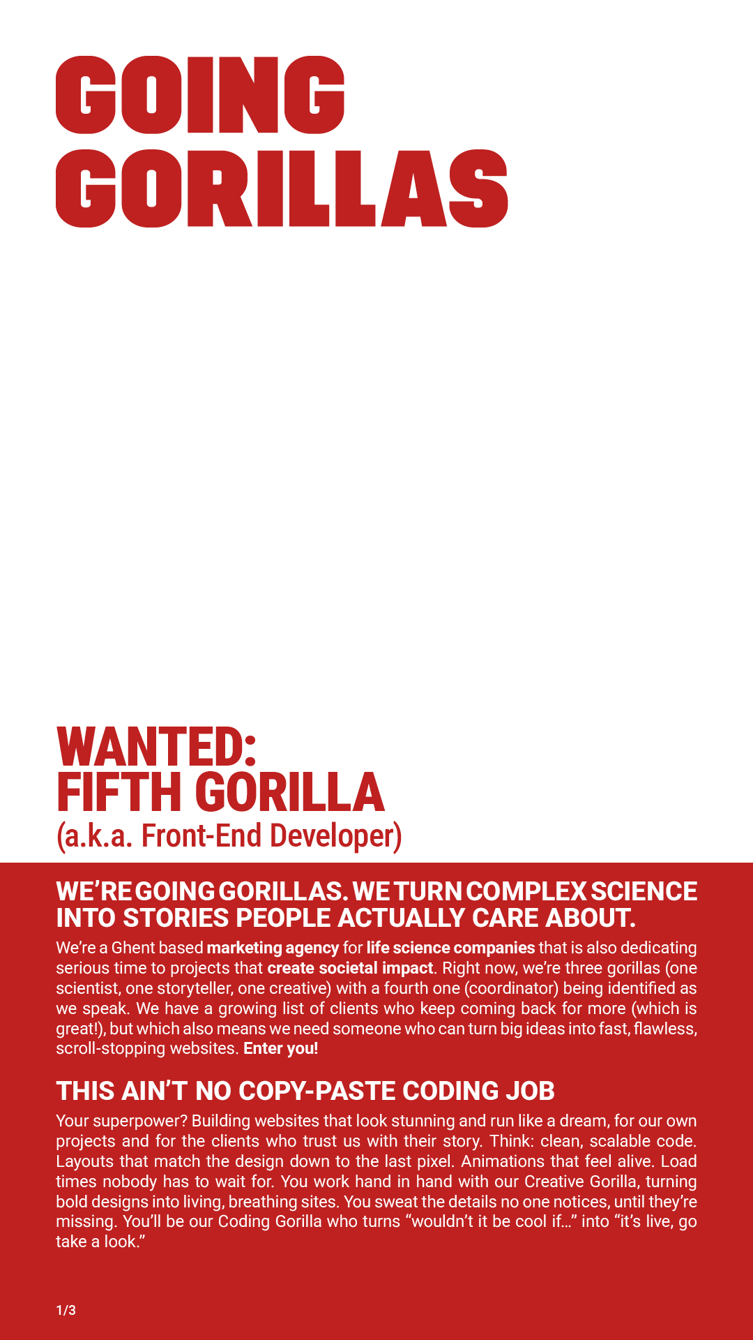 going-gorillas-front-end-developer-vacancy-ghent Red and white job ad titled "Wanted: Fifth Gorilla (a.k.a. Front-End Developer)" from Going Gorillas, a Ghent-based marketing agency for life science companies; Front-end developer vacancy at a Ghent marketing agency.